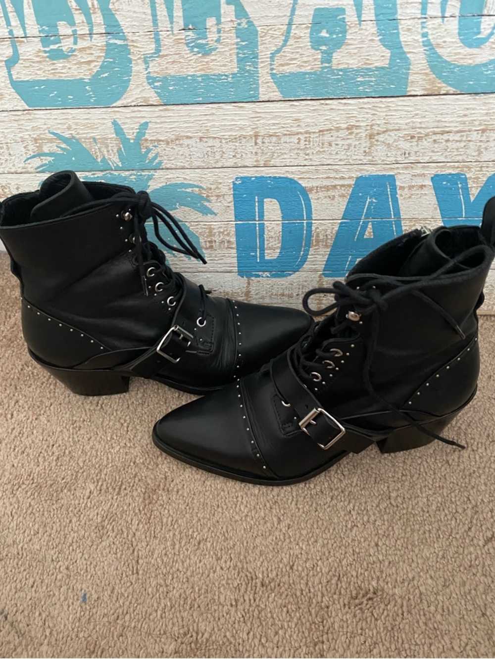 Allsaints Women's Black Studded Lace-Up side zipper Pointed Ankle Boots - Picture 2 of 8